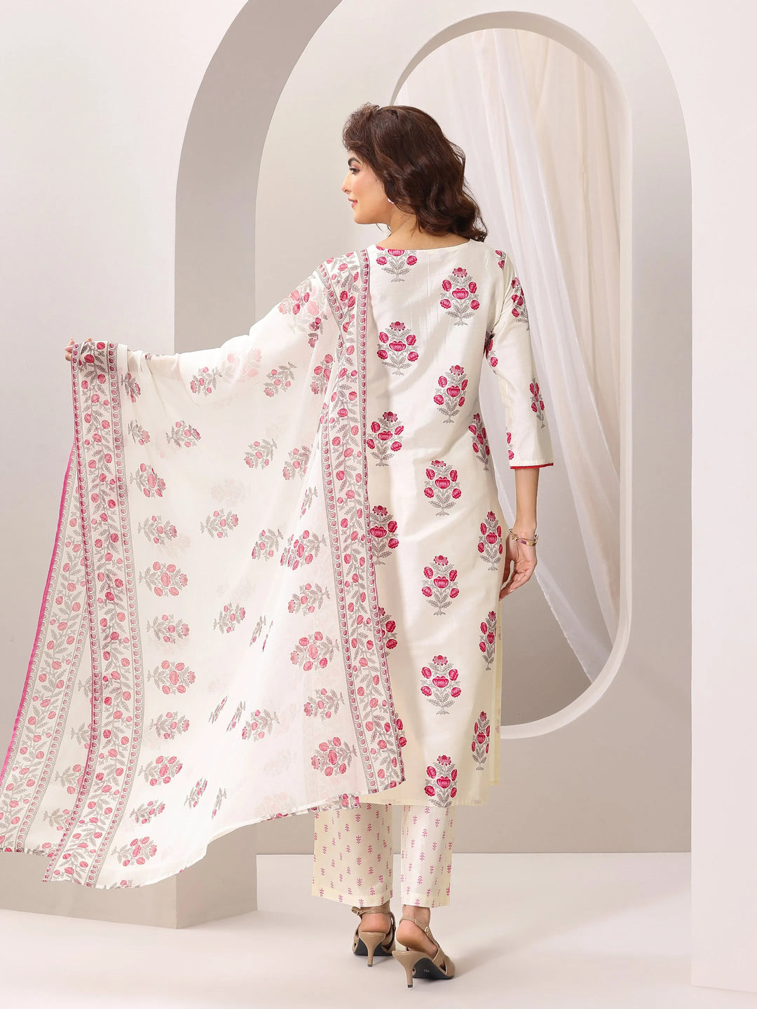  Off White Printed Chanderi Silk Straight Suit Set With Dupatta 