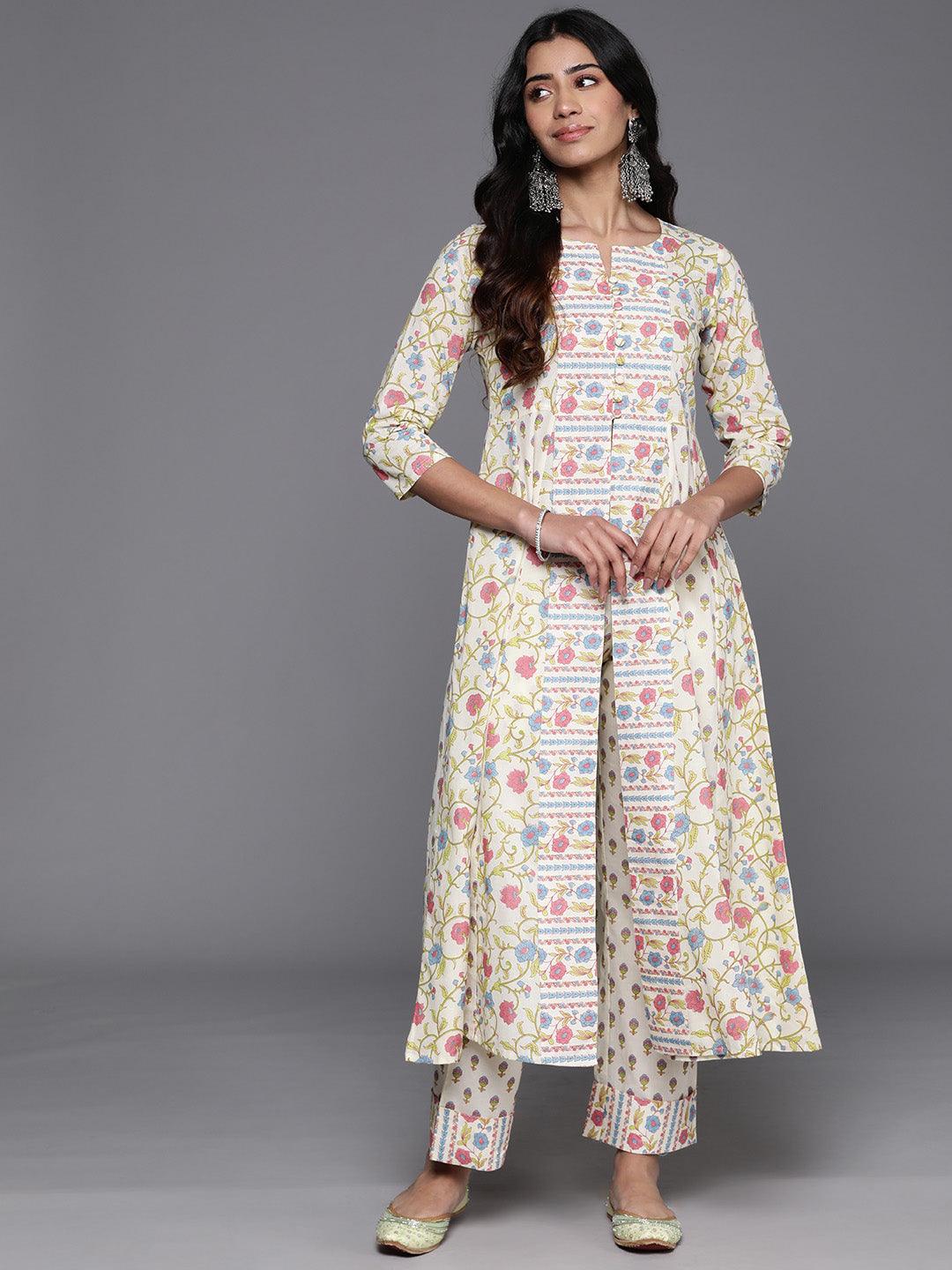 Off White Printed Cotton A-Line Kurta With Trousers - Libas 