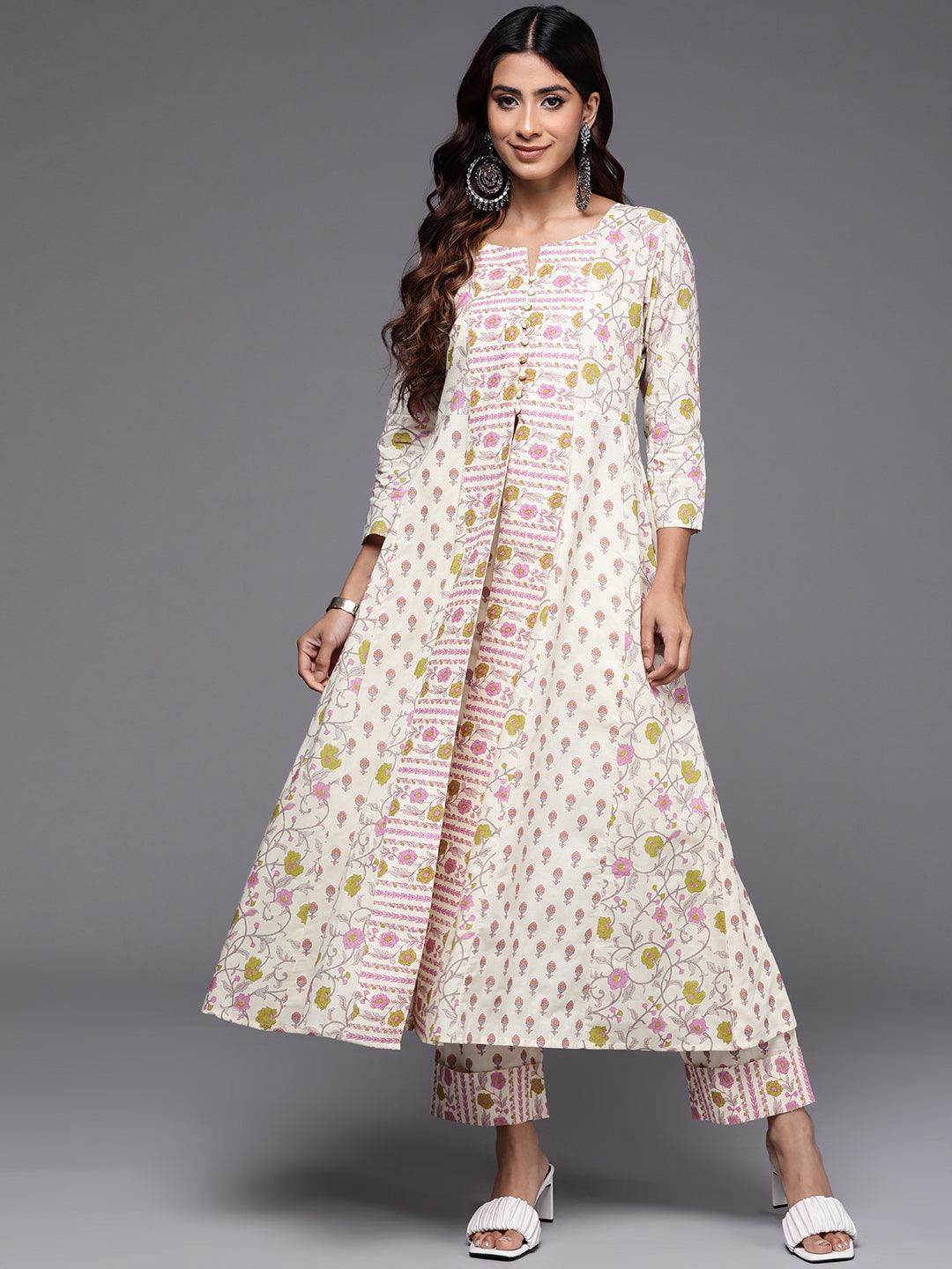 Off White Printed Cotton A-Line Kurta With Trousers - Libas