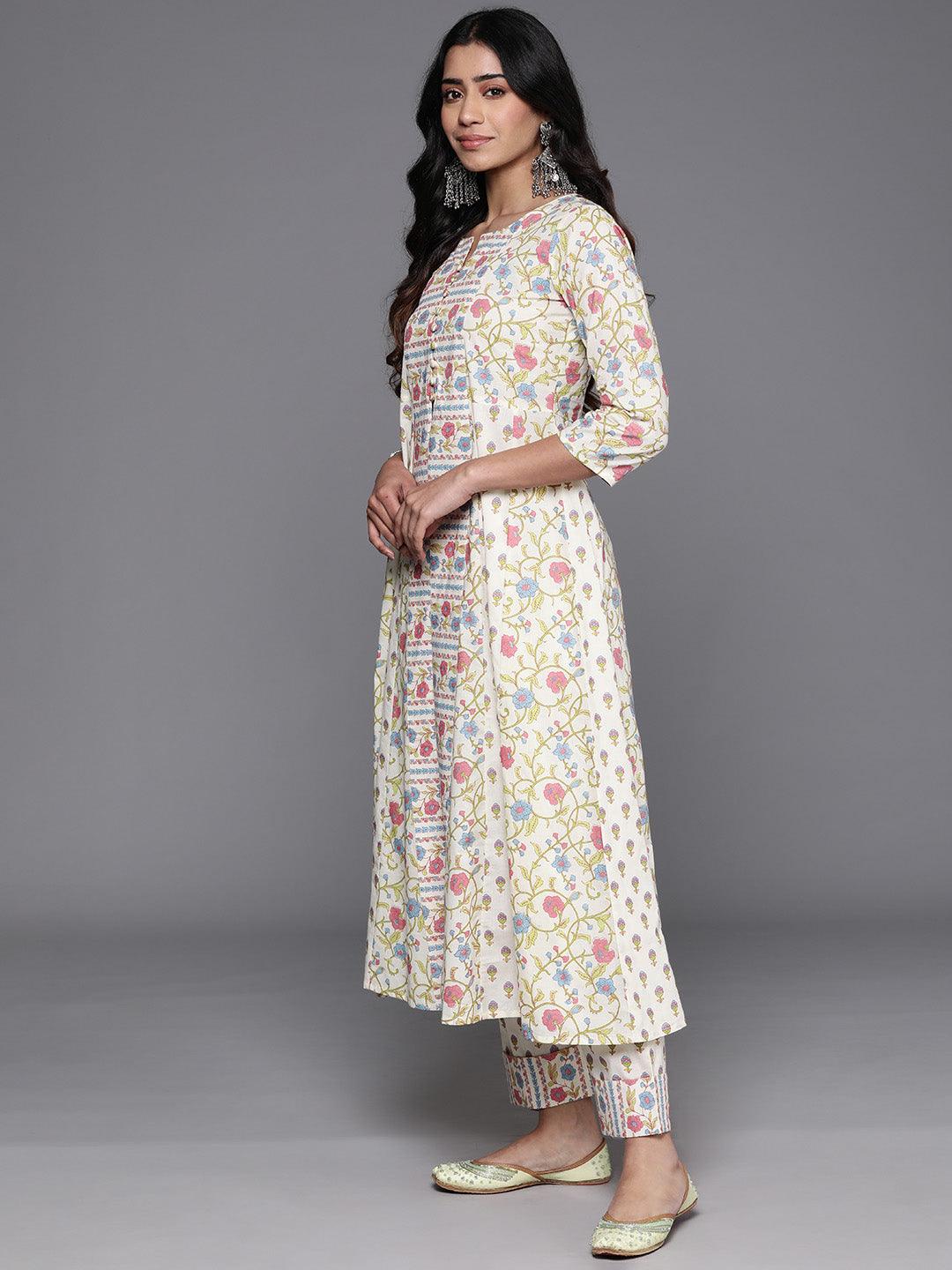 Off White Printed Cotton A-Line Kurta With Trousers - Libas