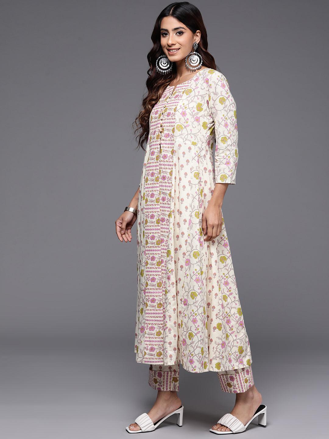 Off White Printed Cotton A-Line Kurta With Trousers - Libas