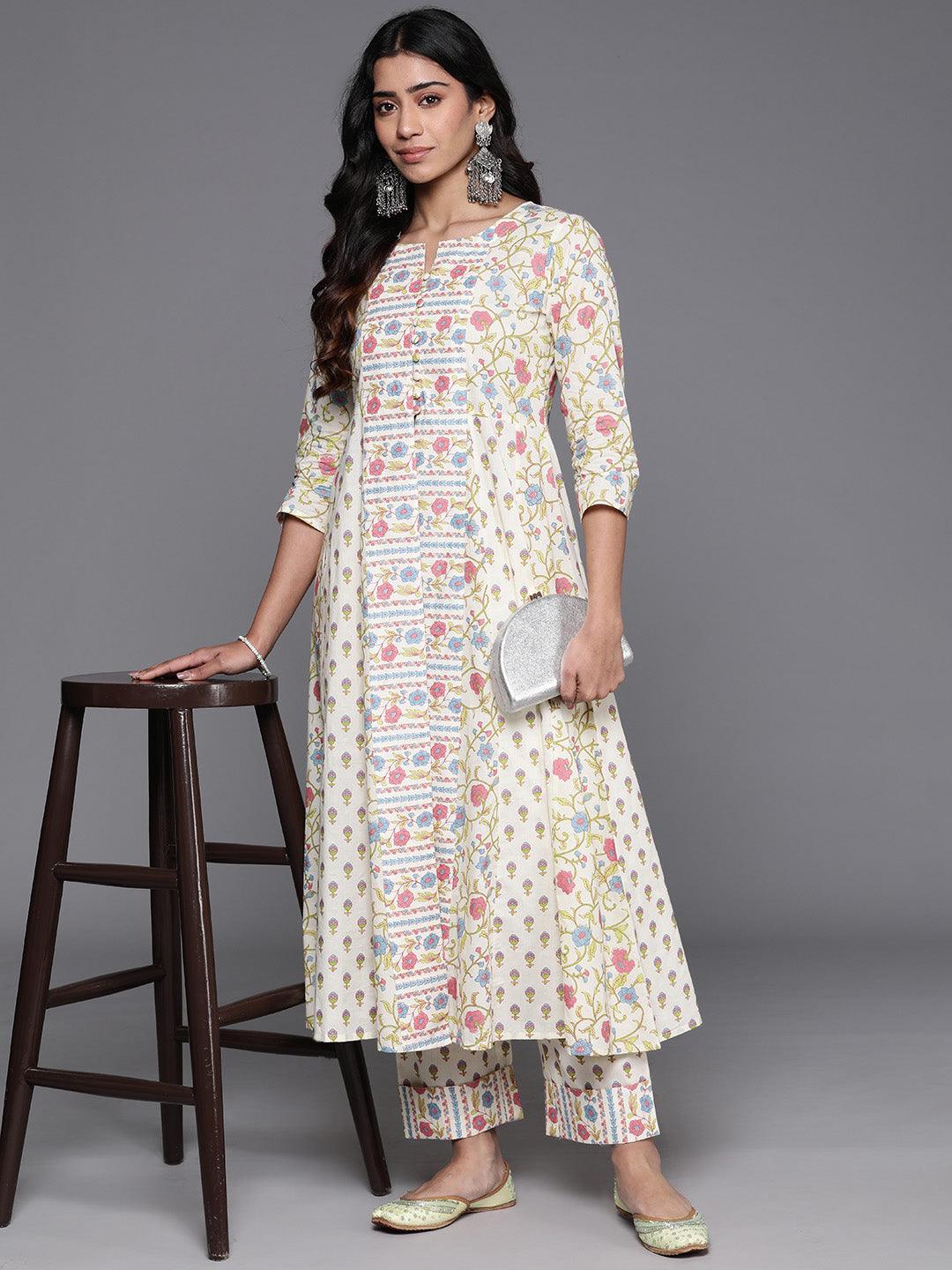 Off White Printed Cotton A-Line Kurta With Trousers - Libas 