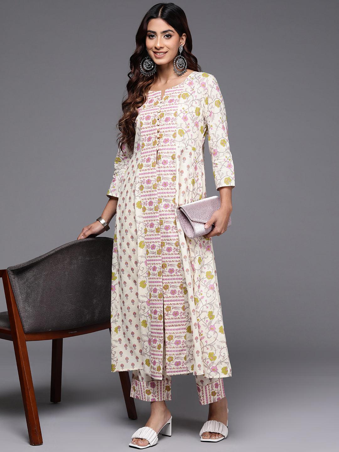 Off White Printed Cotton A-Line Kurta With Trousers - Libas