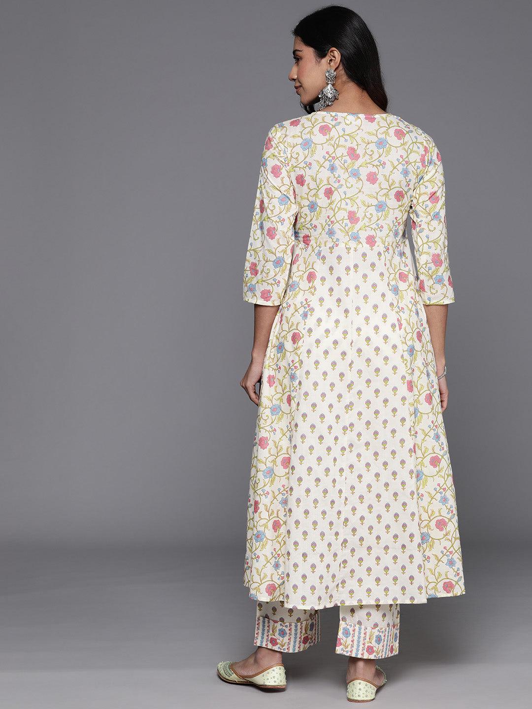 Off White Printed Cotton A-Line Kurta With Trousers - Libas