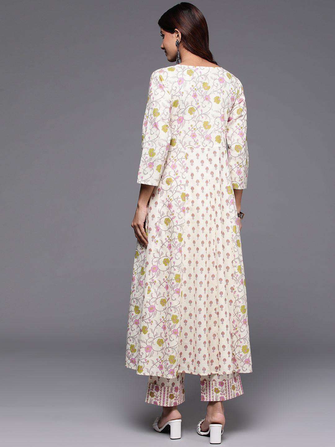 Off White Printed Cotton A-Line Kurta With Trousers - Libas