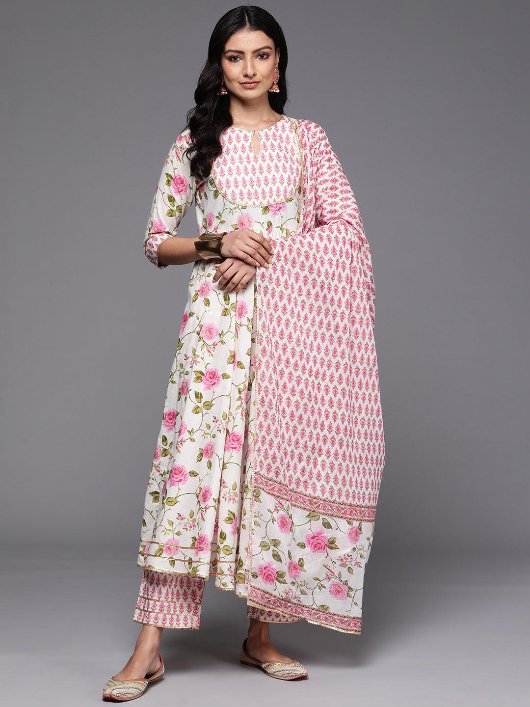 Off White Printed Cotton Anarkali Kurta With Palazzos & Dupatta - Libas 