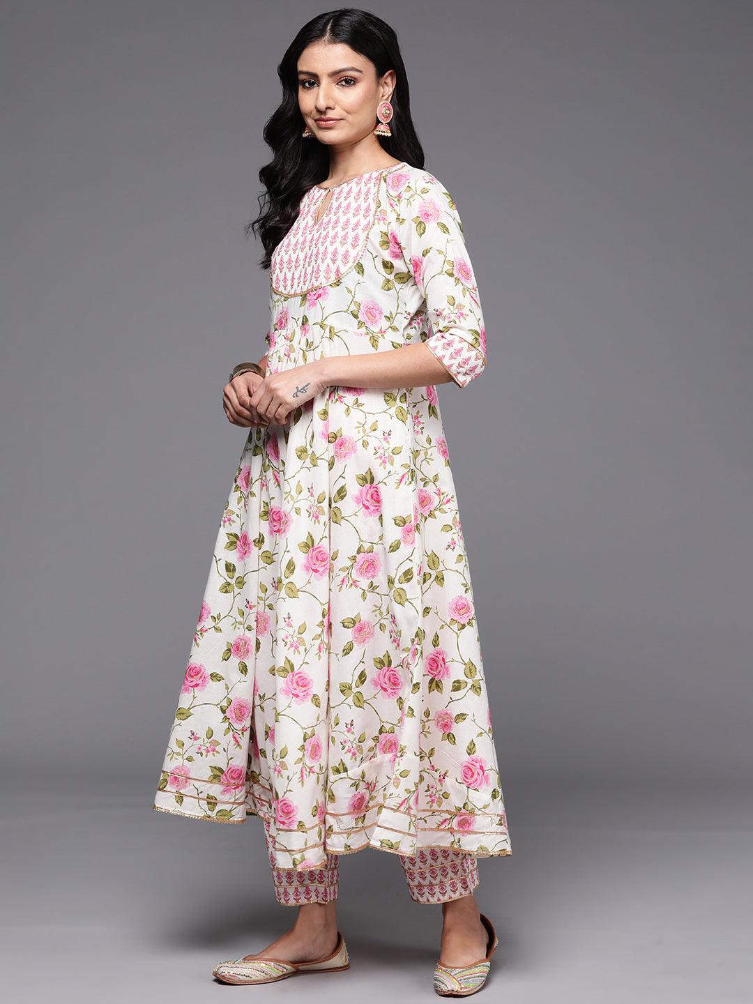 Off White Printed Cotton Anarkali Kurta With Palazzos & Dupatta - Libas 