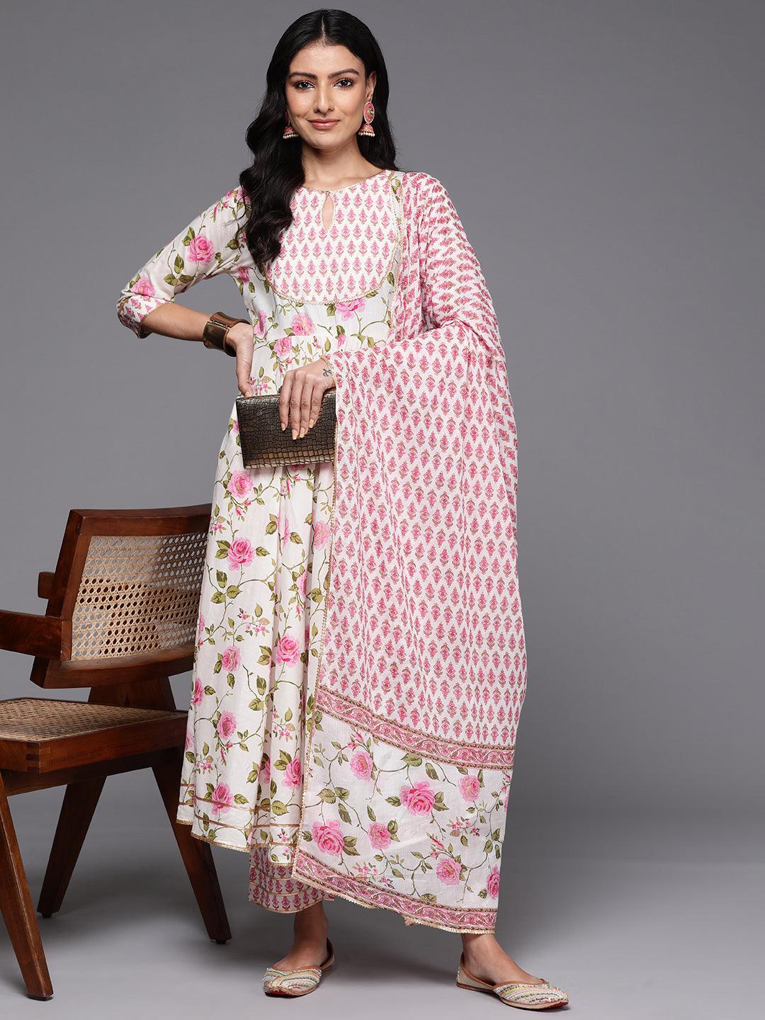 Off White Printed Cotton Anarkali Kurta With Palazzos & Dupatta - Libas 