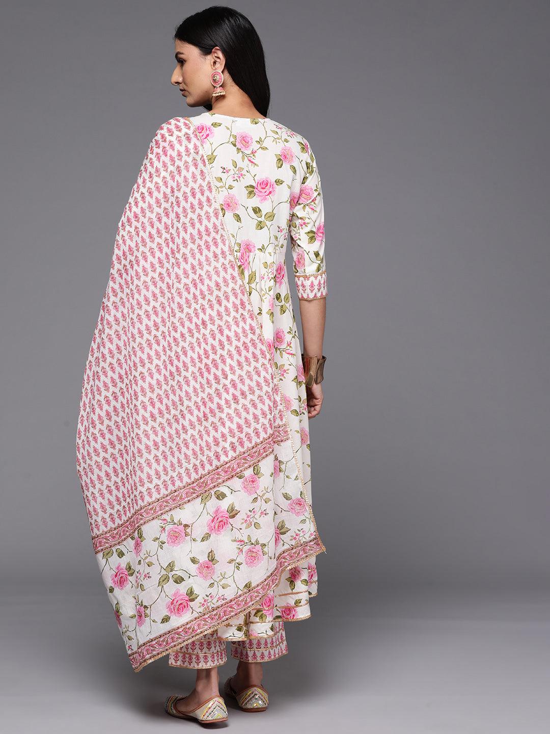 Off White Printed Cotton Anarkali Kurta With Palazzos & Dupatta - Libas 