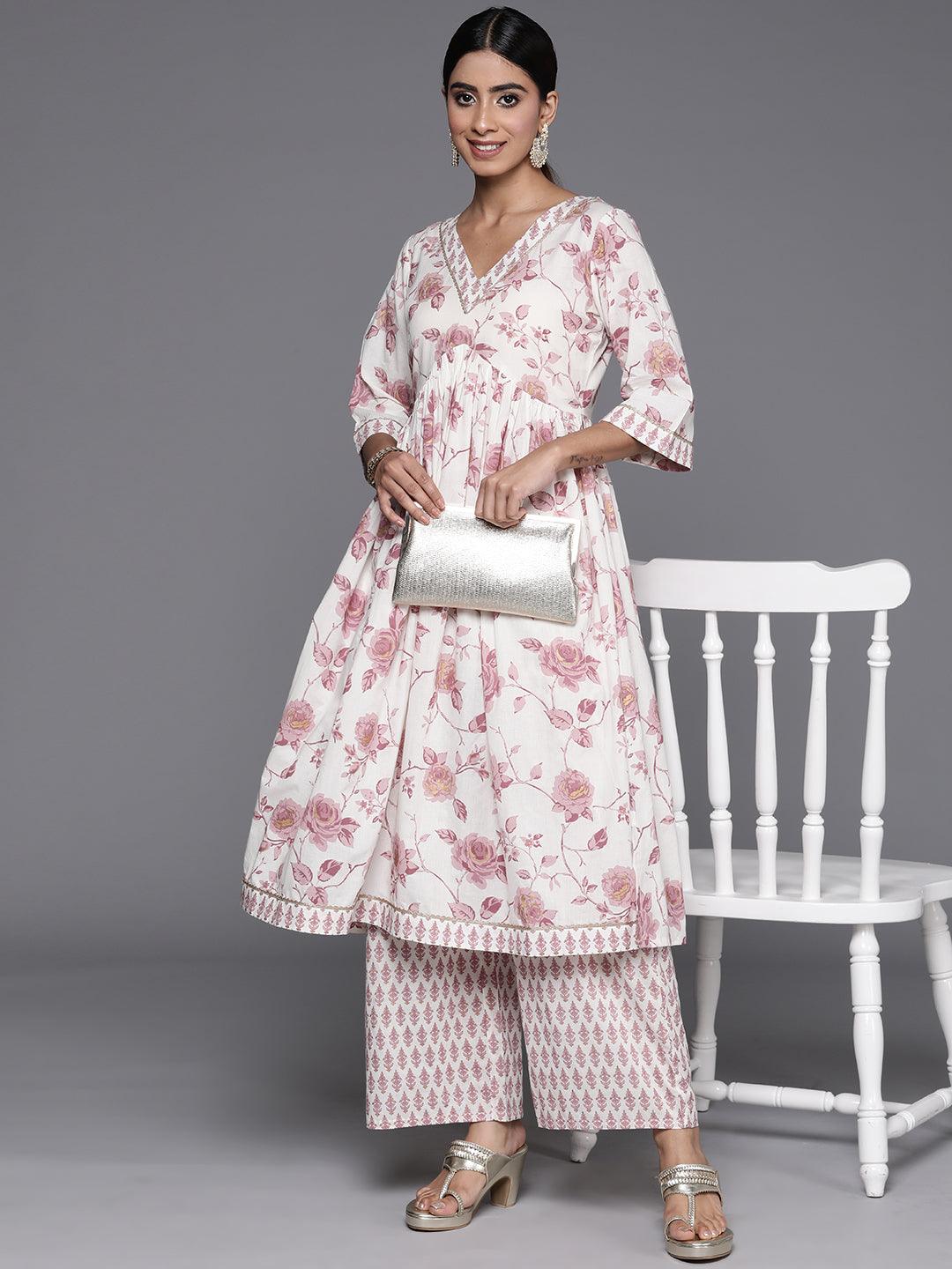 Off White Printed Cotton Anarkali Kurta With Palazzos - Libas 