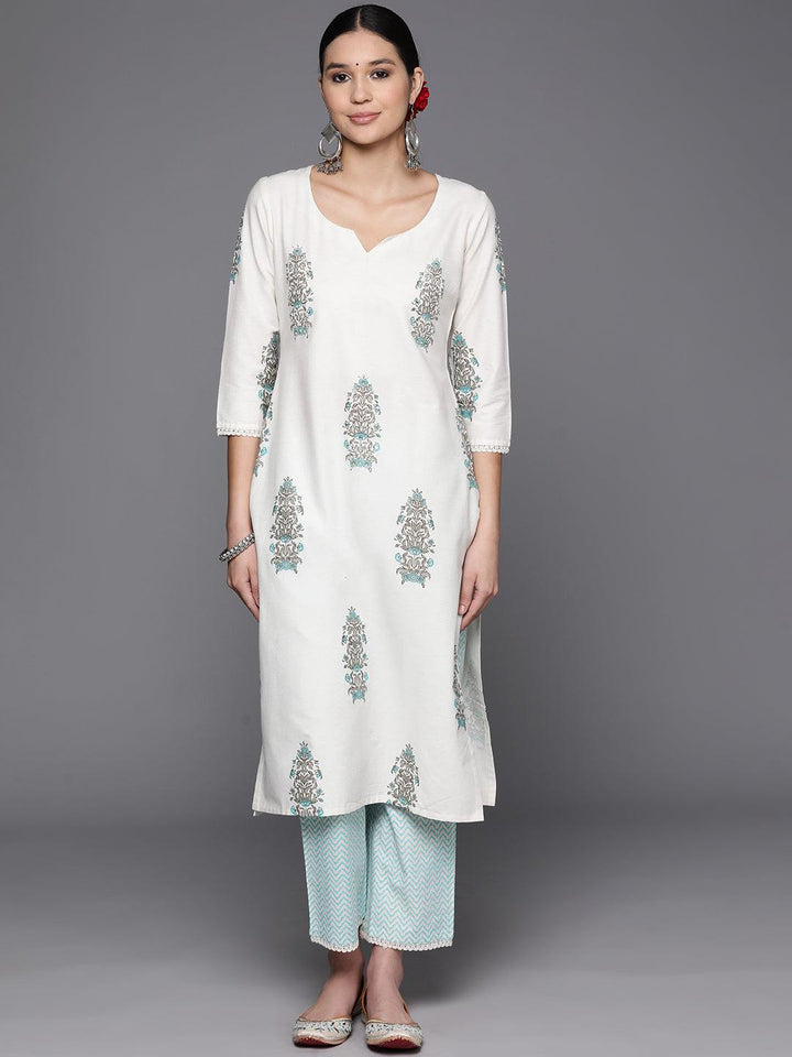 Off White Printed Cotton Blend Straight Kurta With Trousers - Libas