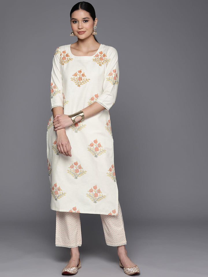 Off White Printed Cotton Blend Straight Kurta With Trousers - Libas