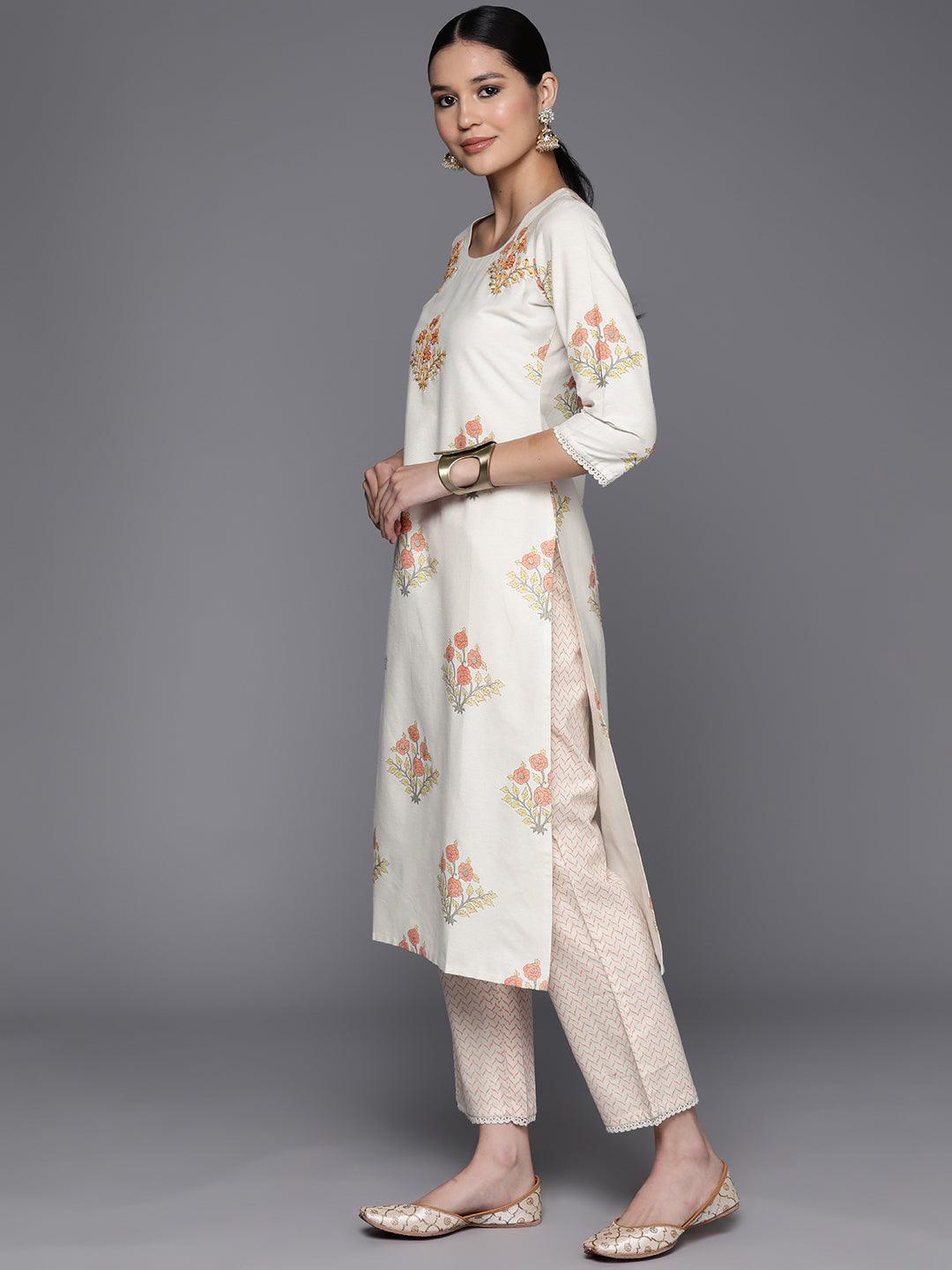 Off White Printed Cotton Blend Straight Kurta With Trousers - Libas