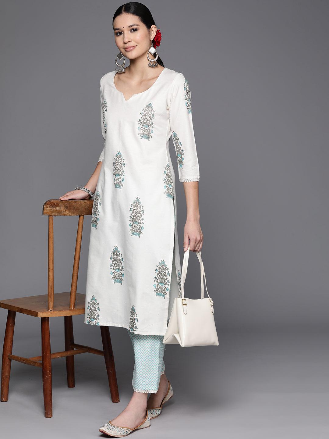 Off White Printed Cotton Blend Straight Kurta With Trousers - Libas