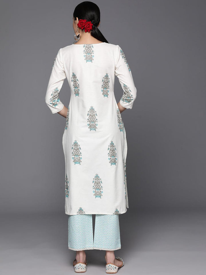 Off White Printed Cotton Blend Straight Kurta With Trousers - Libas