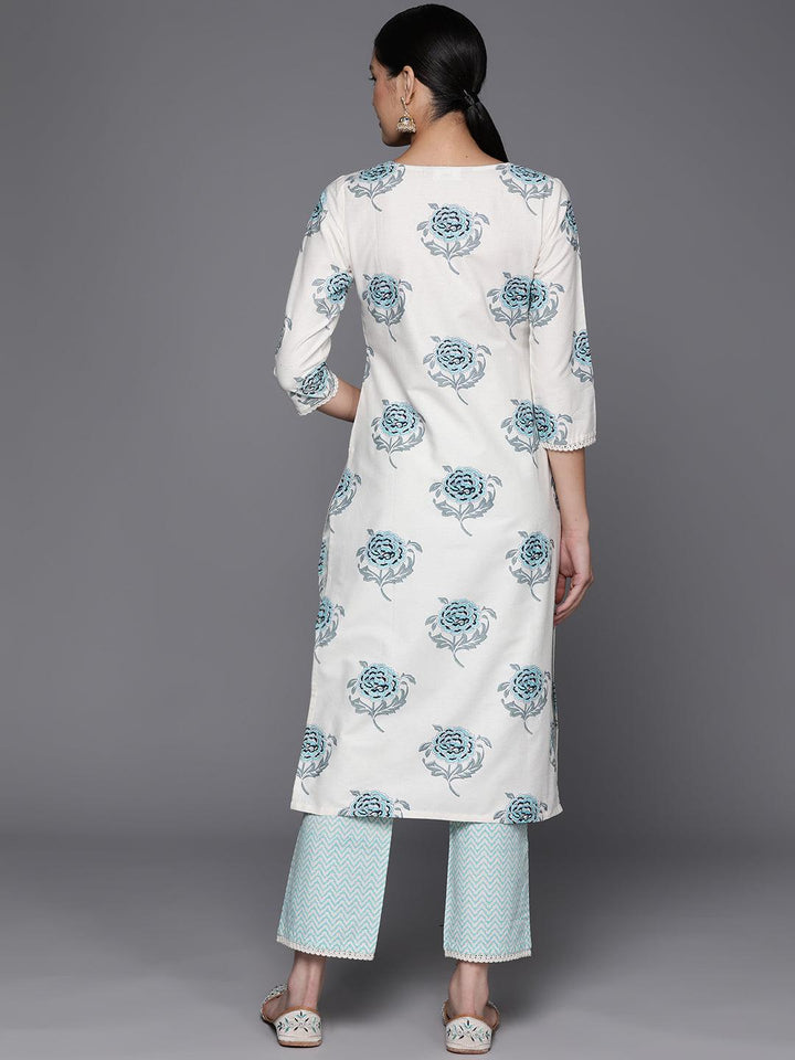 Off White Printed Cotton Blend Straight Kurta With Trousers - Libas