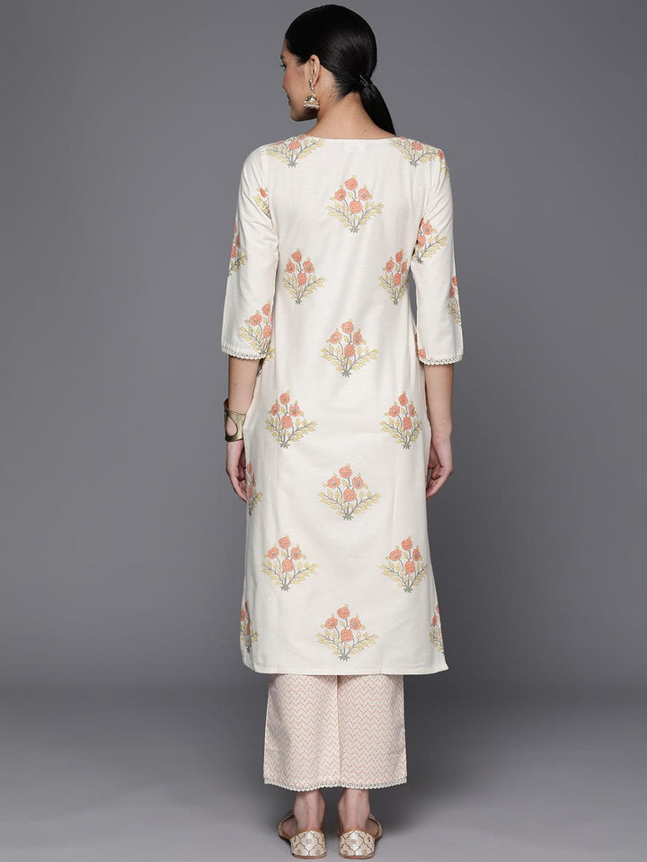 Off White Printed Cotton Blend Straight Kurta With Trousers - Libas