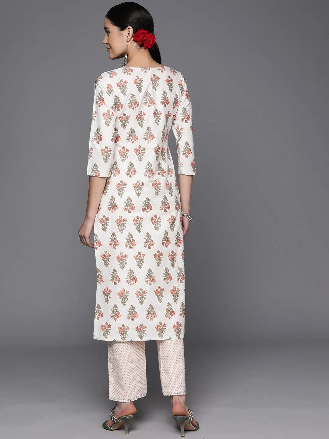 Off White Printed Cotton Blend Straight Kurta With Trousers - Libas