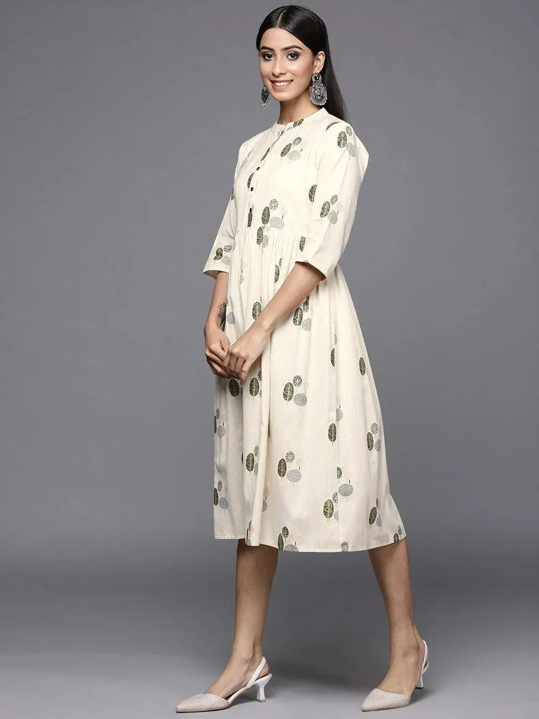 

Off White Printed Cotton Fit and Flare Dress