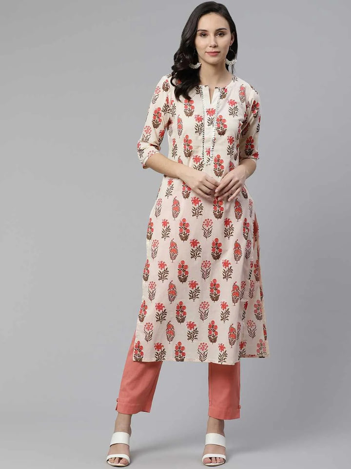 Off White Printed Cotton Kurta - Libas