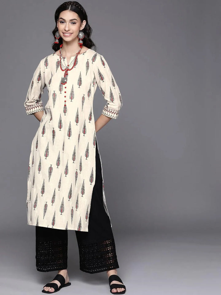 Off White Printed Cotton Kurta - Libas