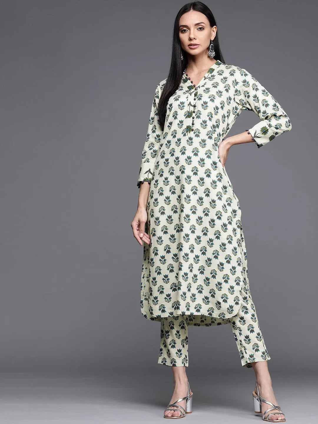 Off White Printed Cotton Kurta - Libas 