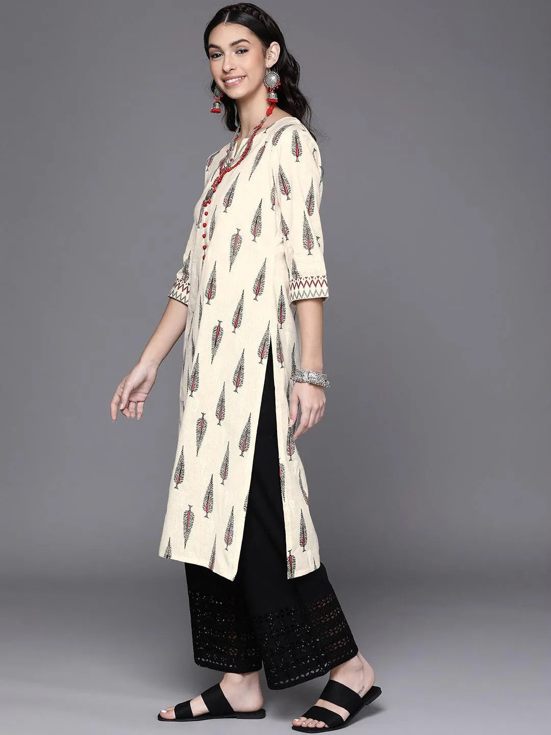 Off White Printed Cotton Kurta - Libas