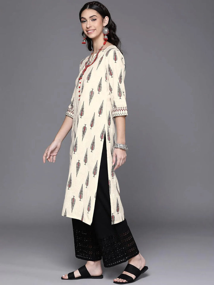 Off White Printed Cotton Kurta - Libas