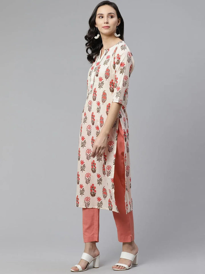 Off White Printed Cotton Kurta - Libas