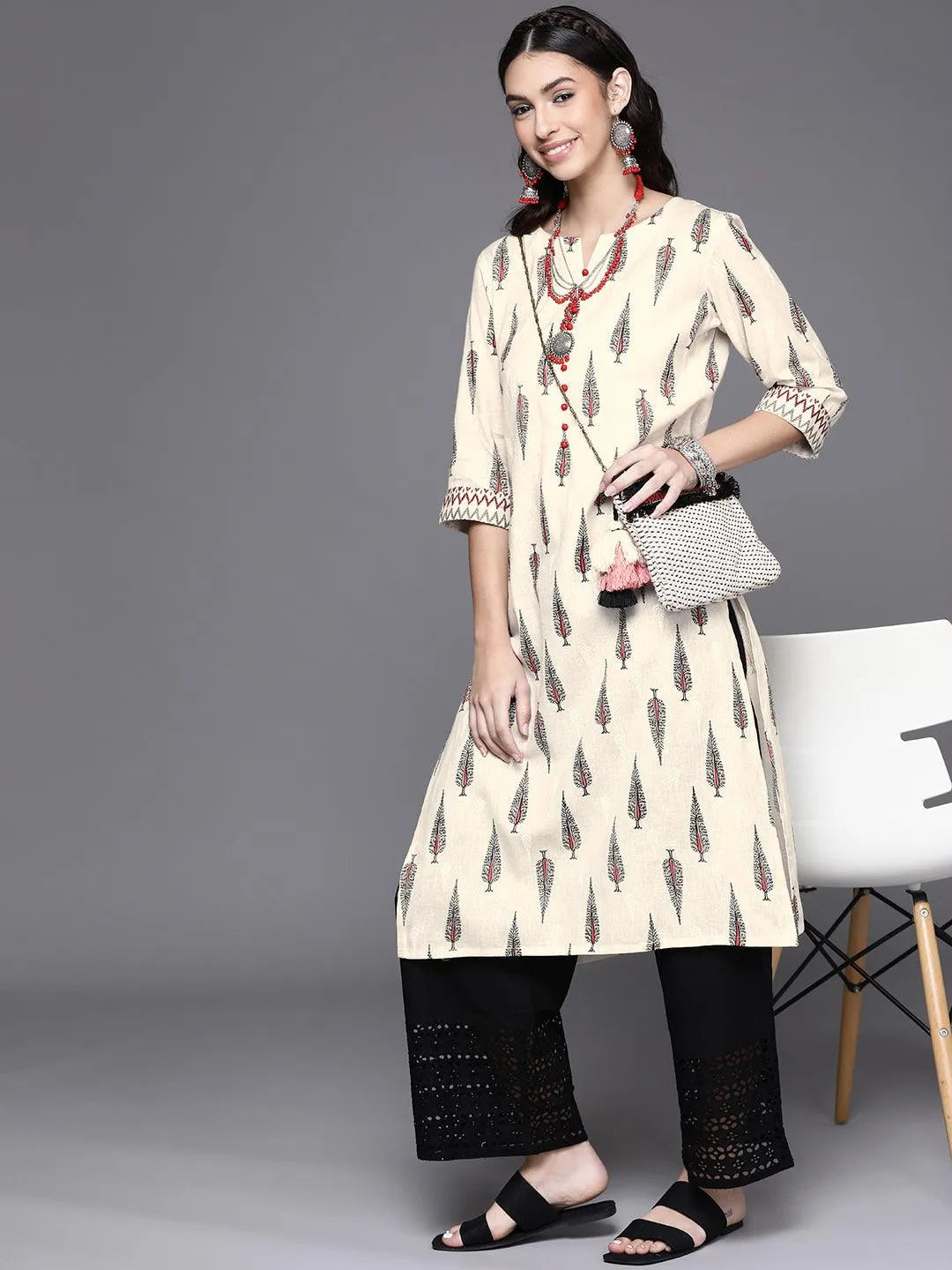 Off White Printed Cotton Kurta - Libas