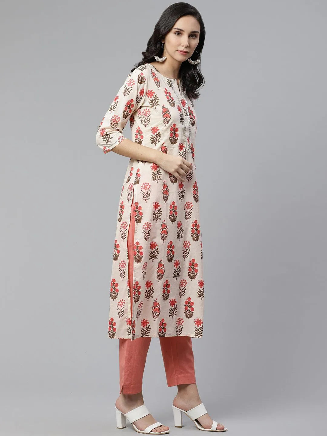 Off White Printed Cotton Kurta - Libas