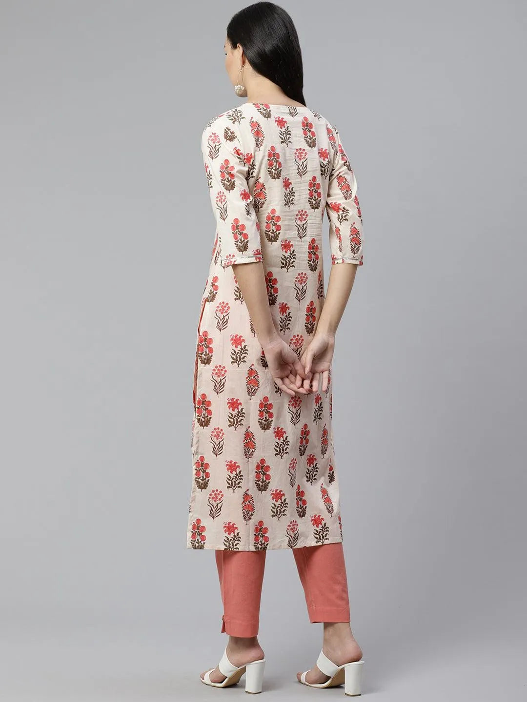 Off White Printed Cotton Kurta - Libas