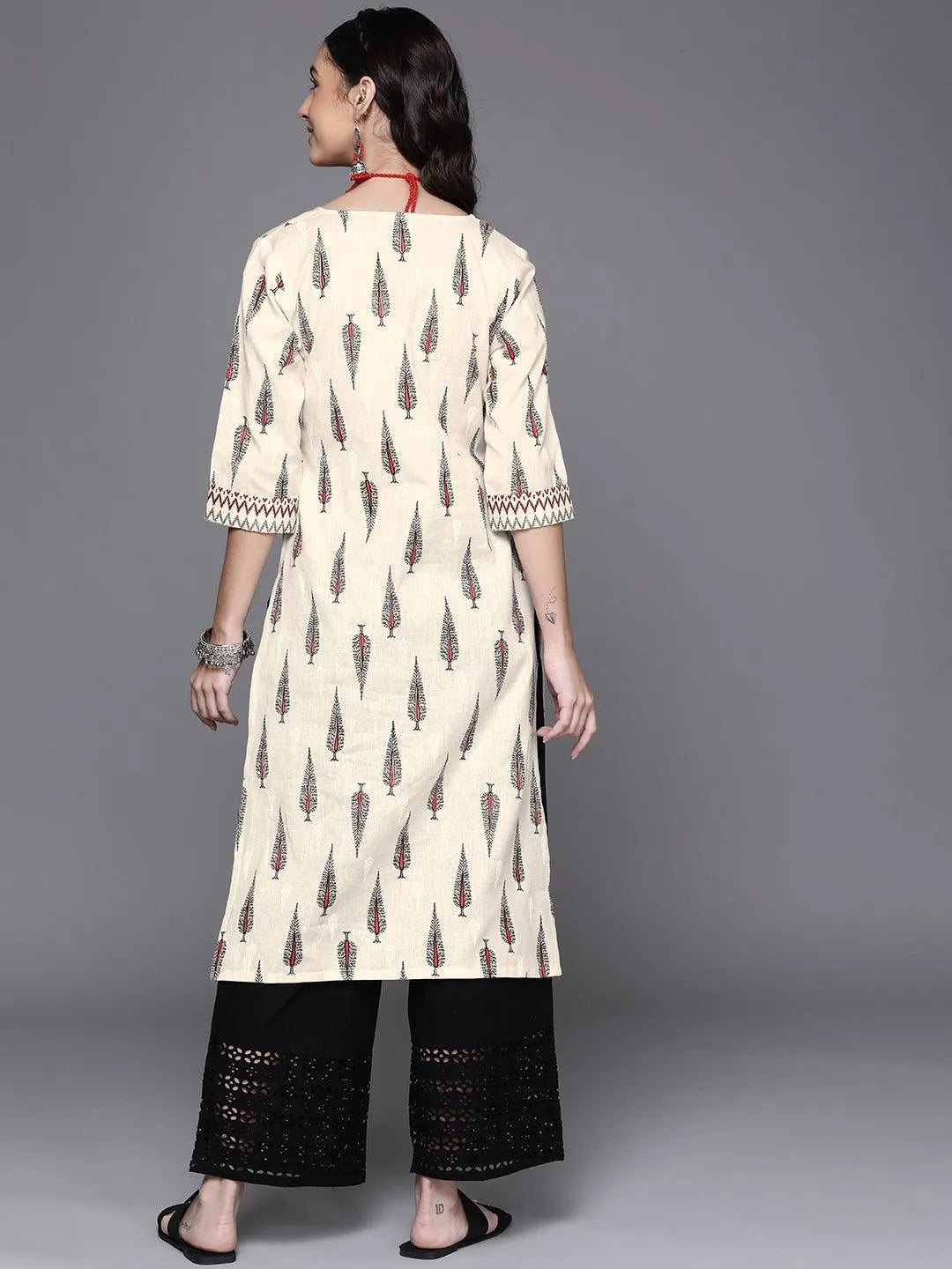 Off White Printed Cotton Kurta - Libas