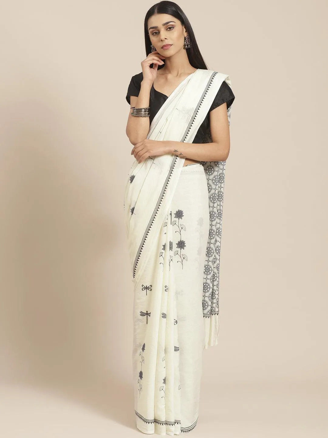 Off White Printed Cotton Saree - Libas