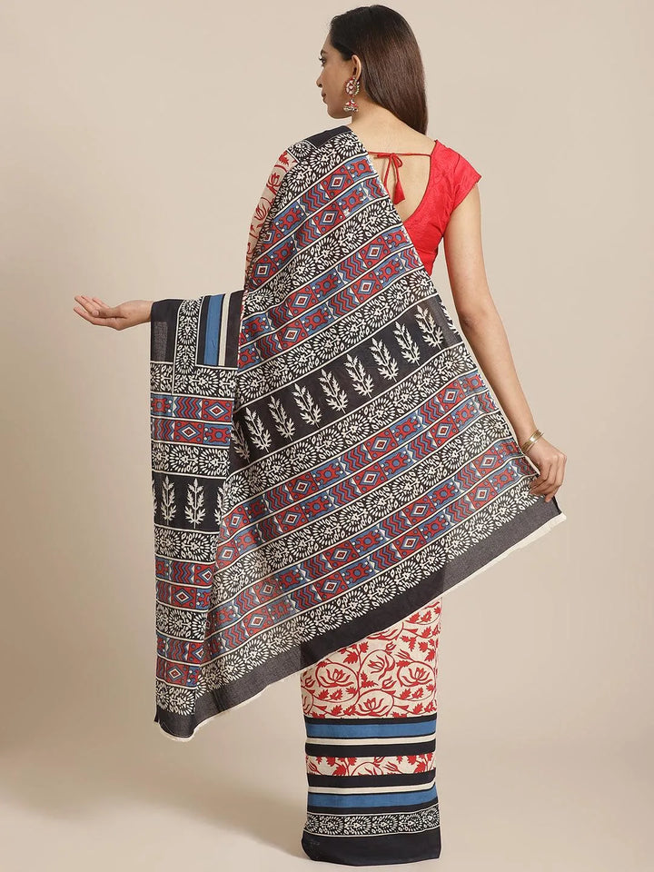 Off White Printed Cotton Saree - Libas