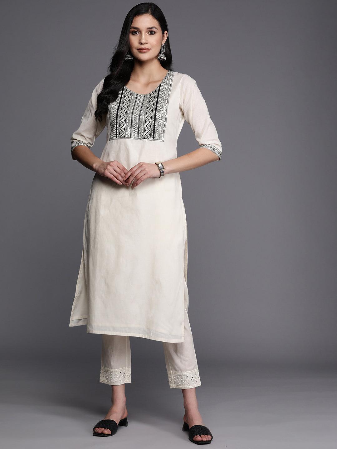 Off White Printed Cotton Straight Kurta - Libas 