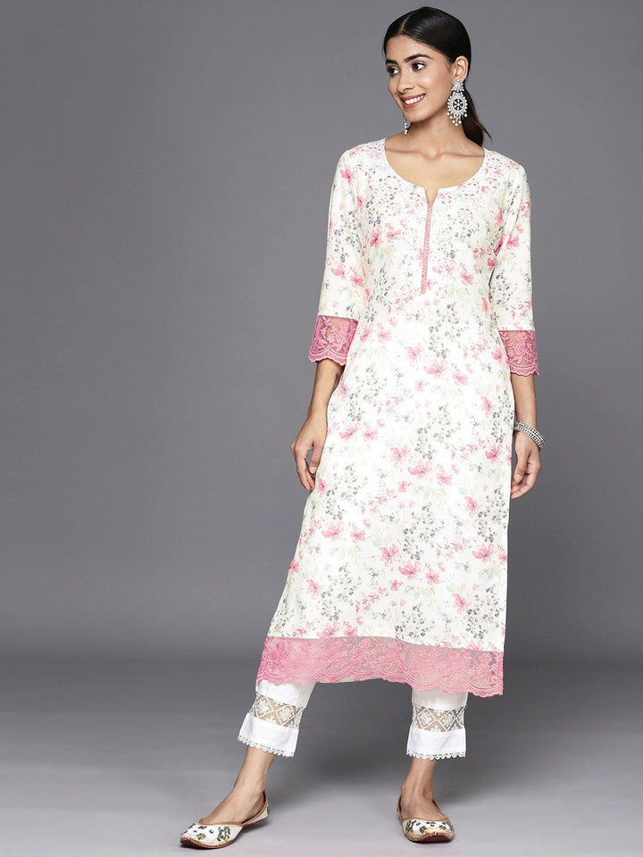 Off White Printed Cotton Straight Kurta - Libas