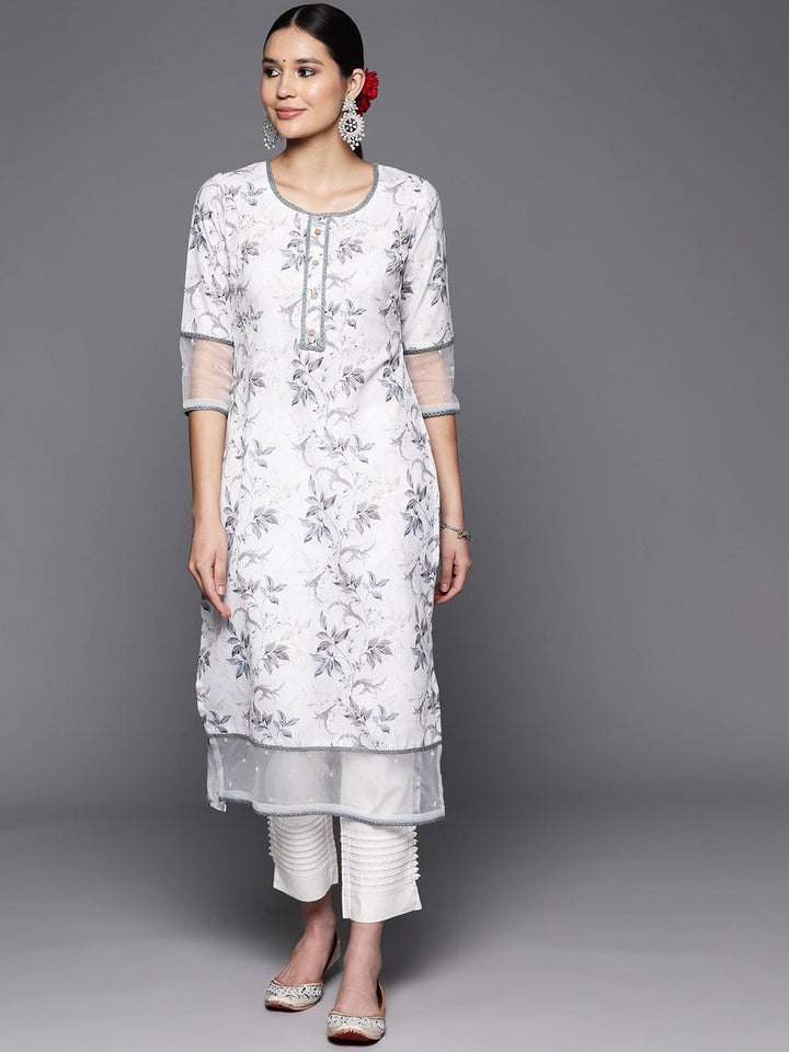 Off White Printed Cotton Straight Kurta - Libas