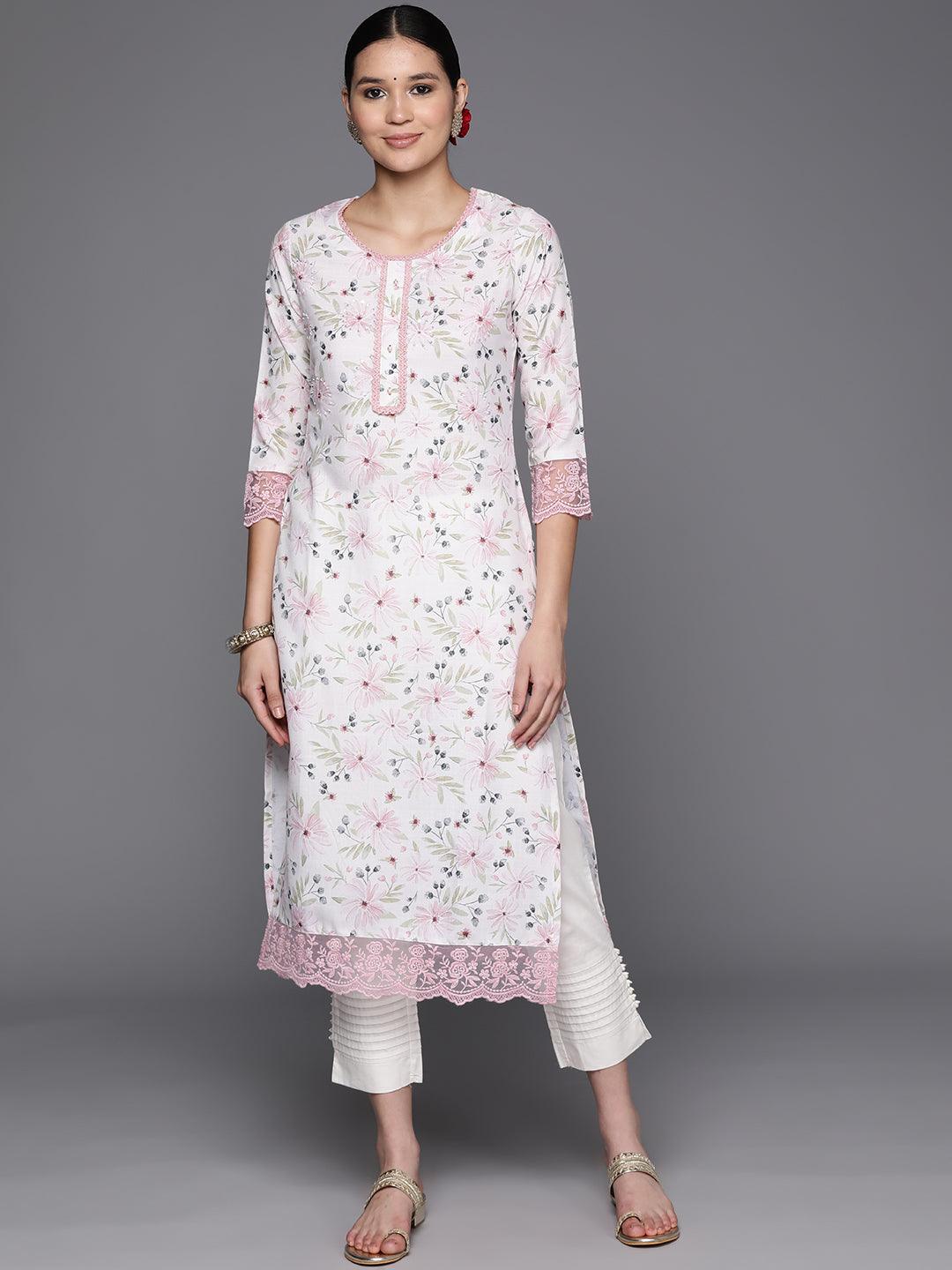 Off White Printed Cotton Straight Kurta - Libas 