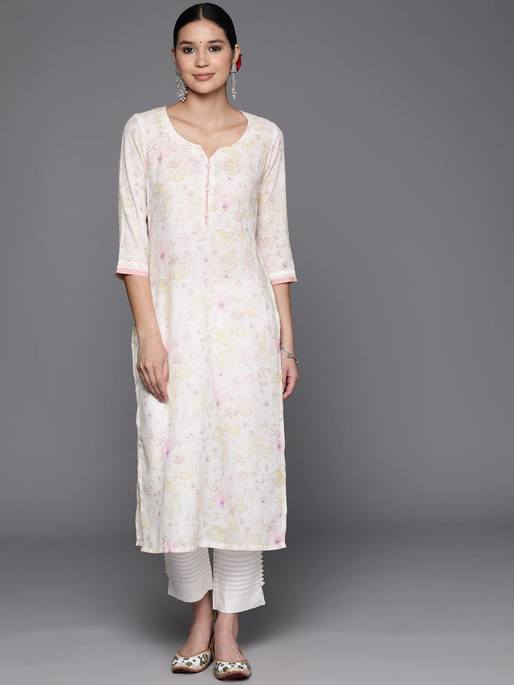 Off White Printed Cotton Straight Kurta - Libas