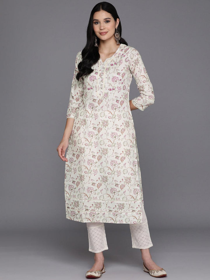 Off White Printed Cotton Straight Kurta - Libas