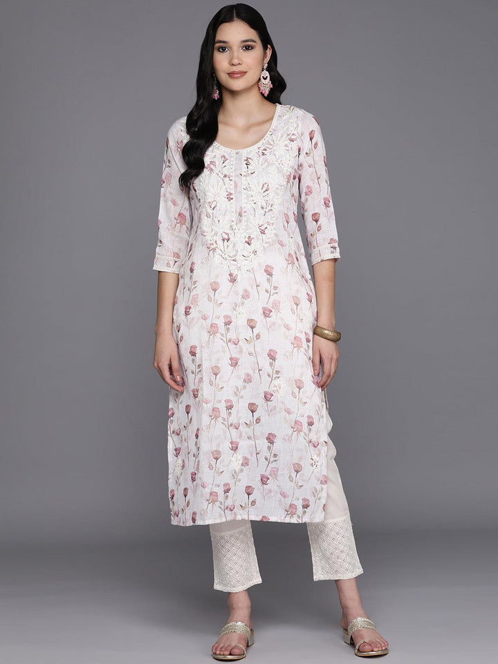 Off White Printed Cotton Straight Kurta - Libas