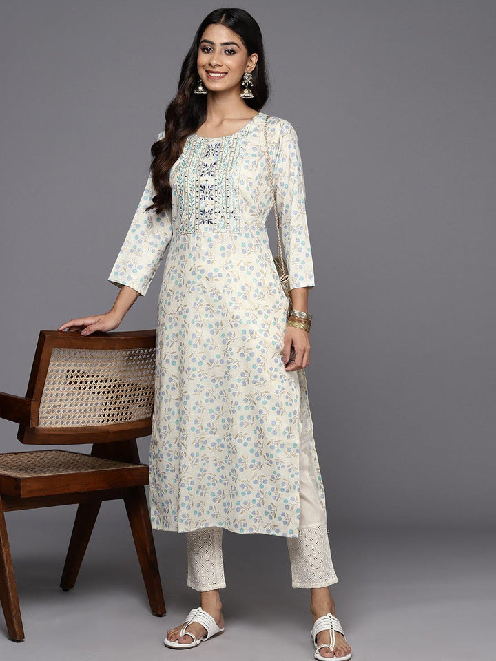 Off White Printed Cotton Straight Kurta - Libas