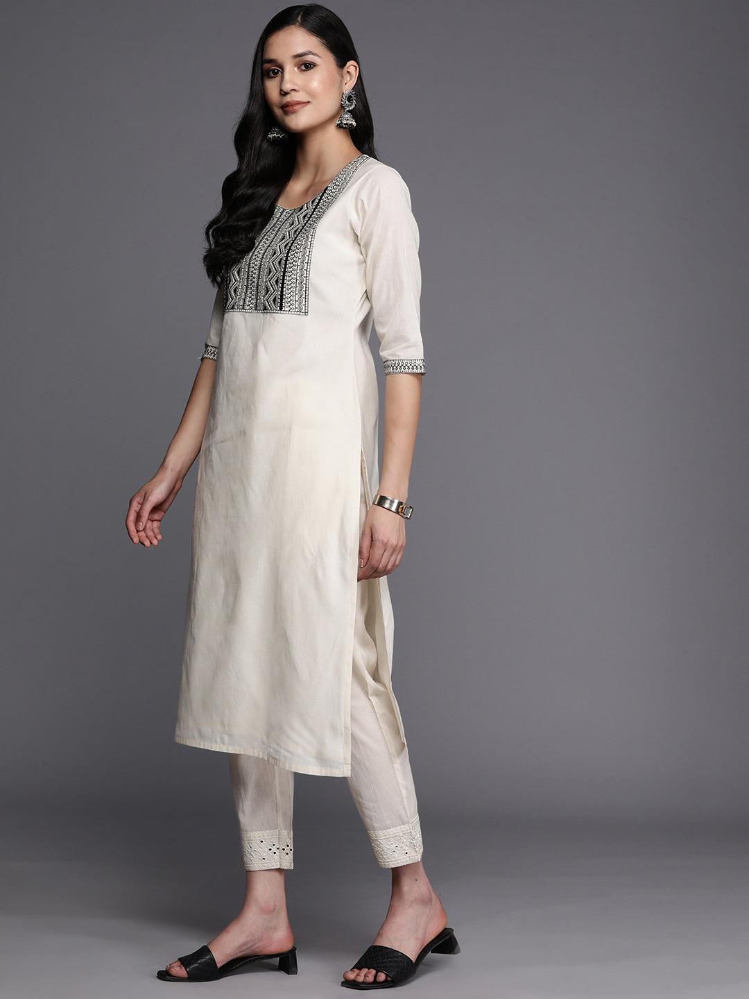 Off White Printed Cotton Straight Kurta - Libas 