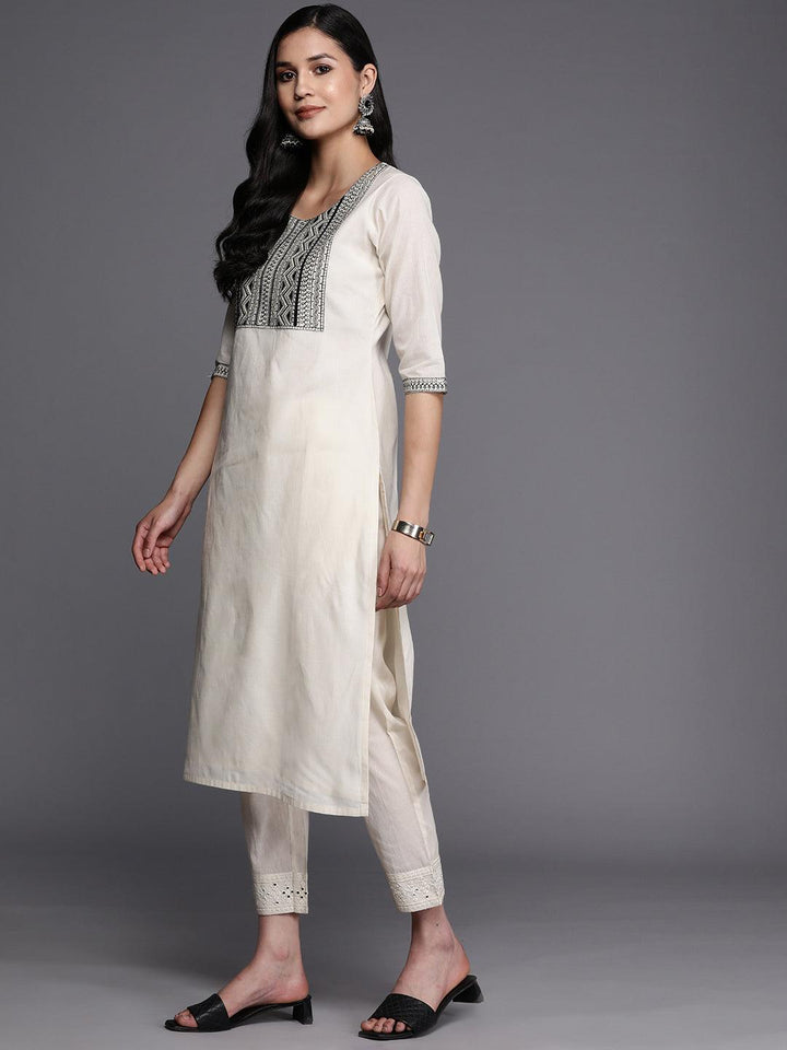 Off White Printed Cotton Straight Kurta - Libas