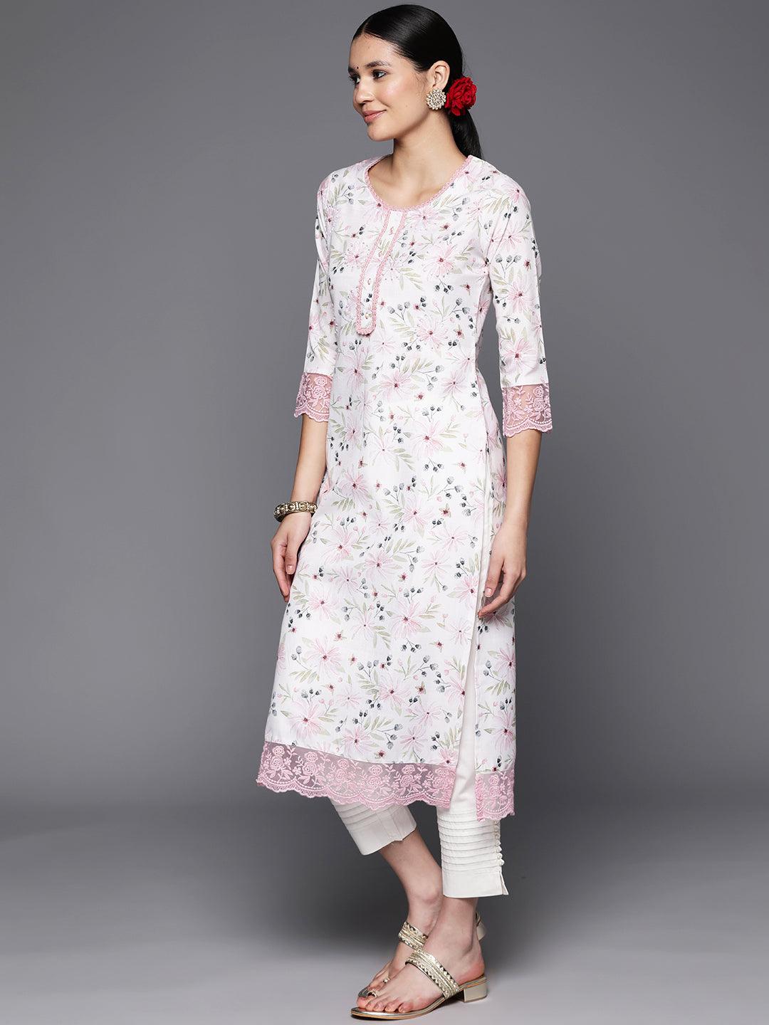 Off White Printed Cotton Straight Kurta - Libas 