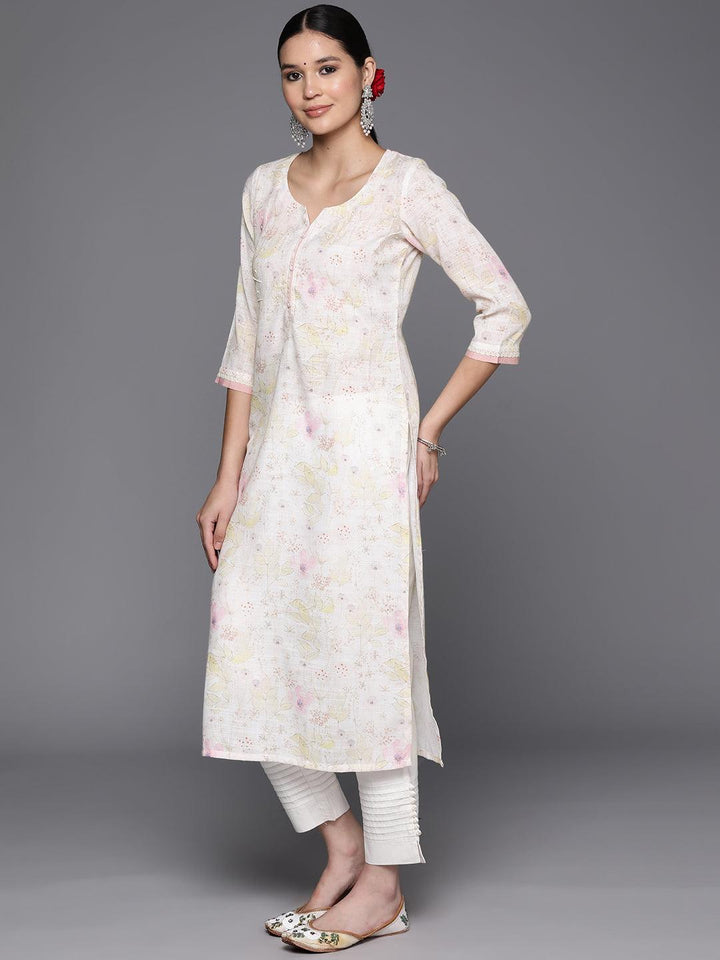 Off White Printed Cotton Straight Kurta - Libas