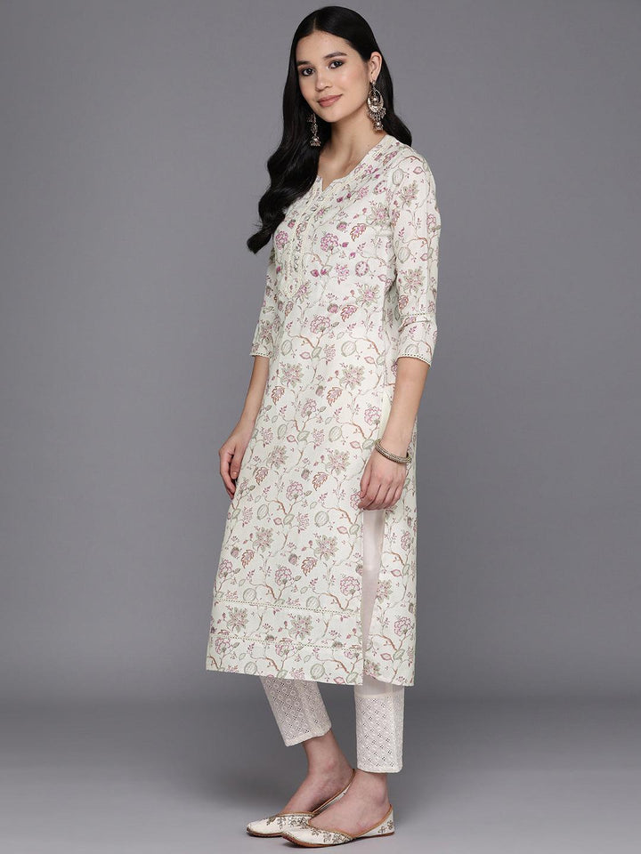 Off White Printed Cotton Straight Kurta - Libas