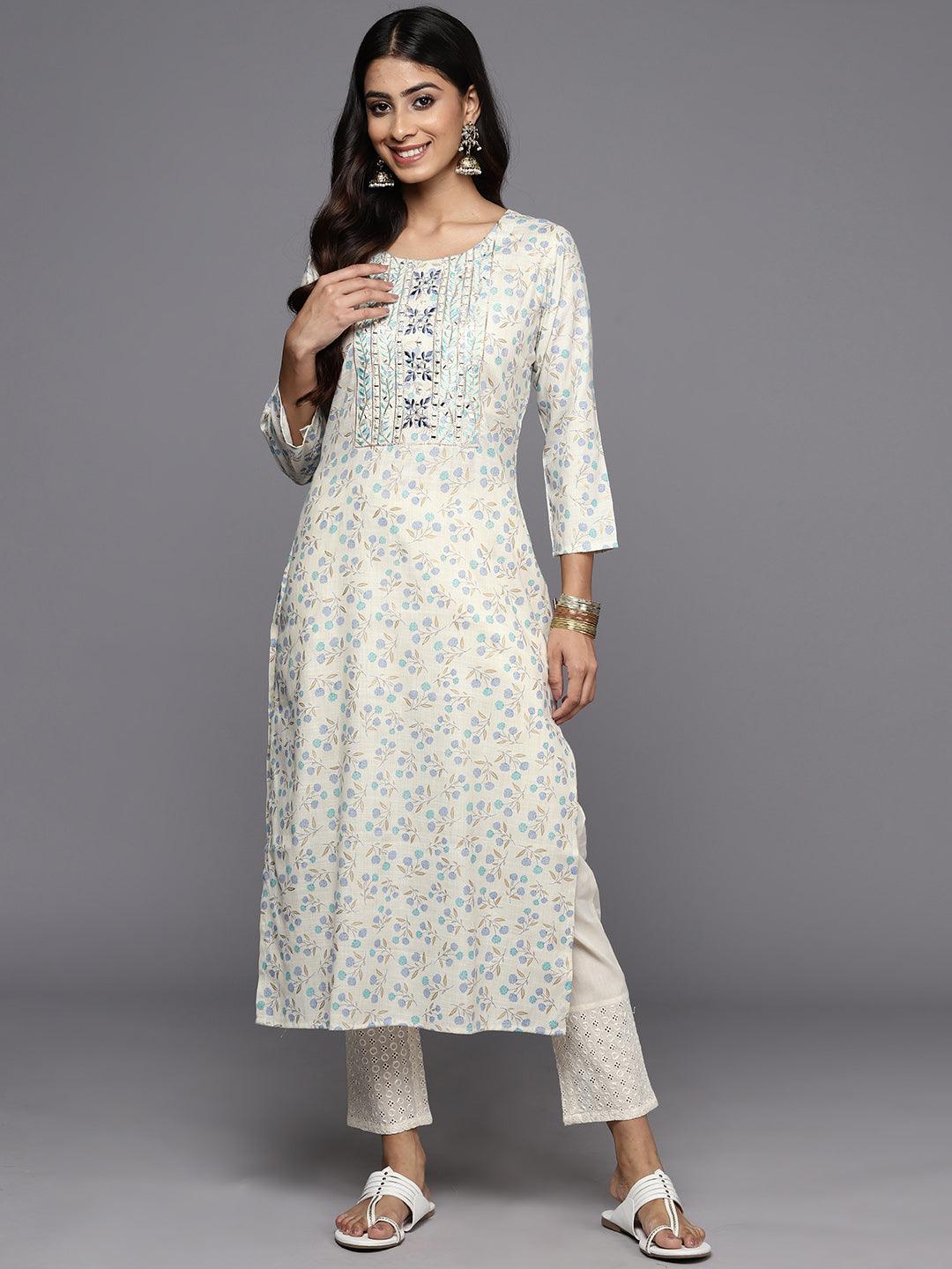 Off White Printed Cotton Straight Kurta - Libas