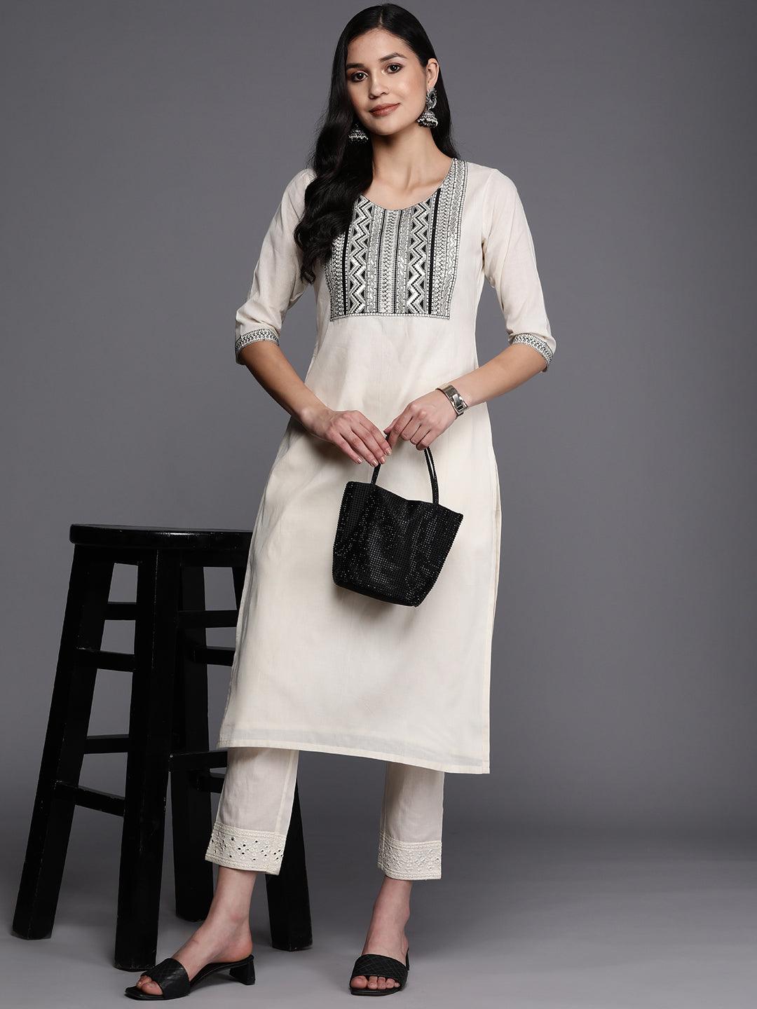 Off White Printed Cotton Straight Kurta - Libas 